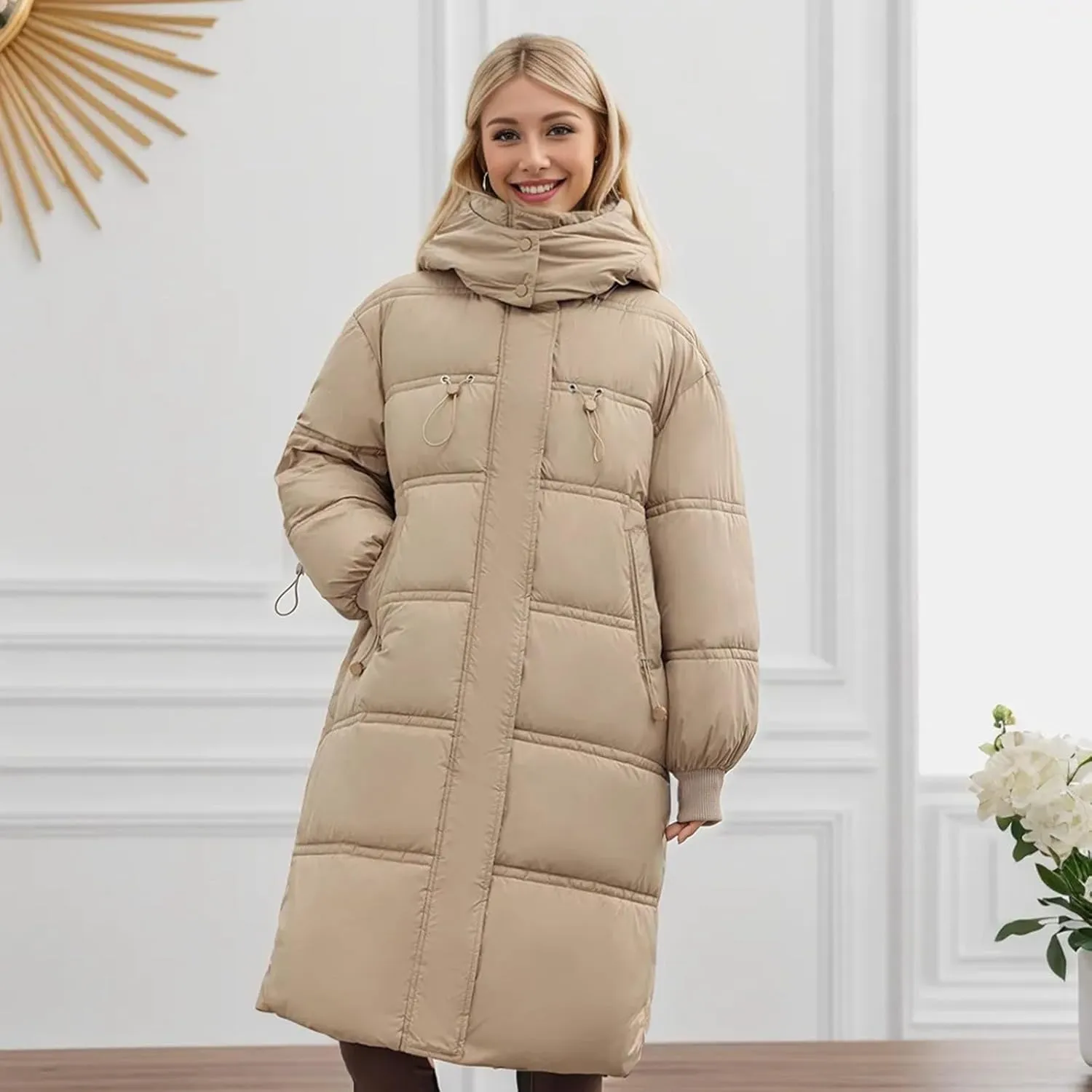 Women's Thickened Down Jackets Winter Warm Long Down Coats Hooded Quilted Puffer Jackets Parkas with Zipper Outerwear