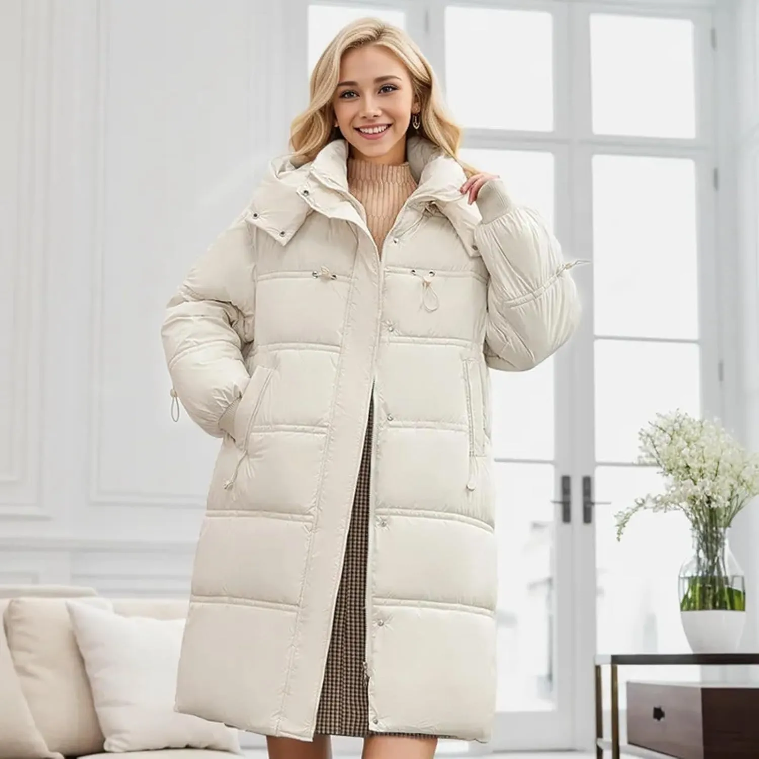 Women's Thickened Long Down Jacket Winter Warm Down Coat Hooded Quilted Puffer Jacket Parkas with Zipper Outerwear