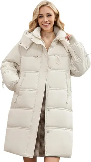 Women's Thickened Long Down Jacket Winter Warm Down Coat Hooded Quilted Puffer Jacket Parkas with Zipper Outerwear