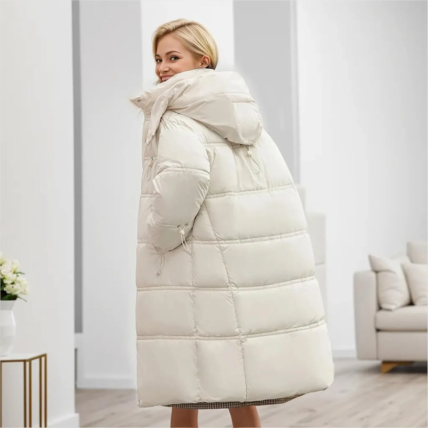Women's Thickened Long Down Jacket Winter Warm Down Coat Hooded Quilted Puffer Jacket Parkas with Zipper Outerwear