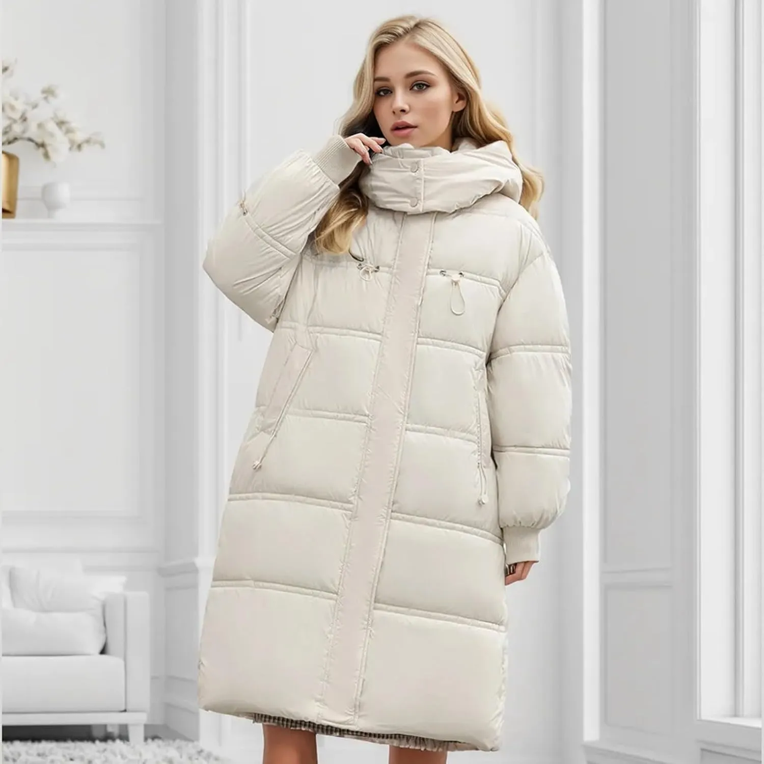 Women's Thickened Long Down Jacket Winter Warm Down Coat Hooded Quilted Puffer Jacket Parkas with Zipper Outerwear