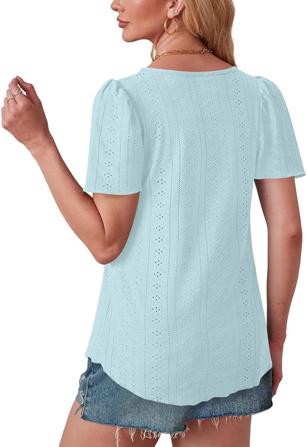 Womens Tops Eyelet Embroidery Crewneck T-Shirts Summer Casual Loose Fit Tunic Blouses Business Work Shirts