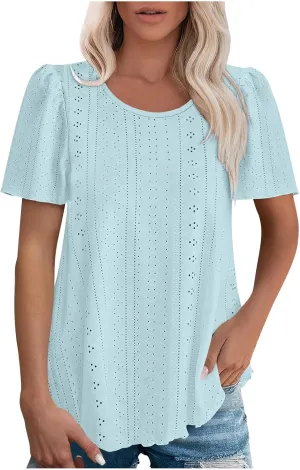 Womens Tops Eyelet Embroidery Crewneck T-Shirts Summer Casual Loose Fit Tunic Blouses Business Work Shirts