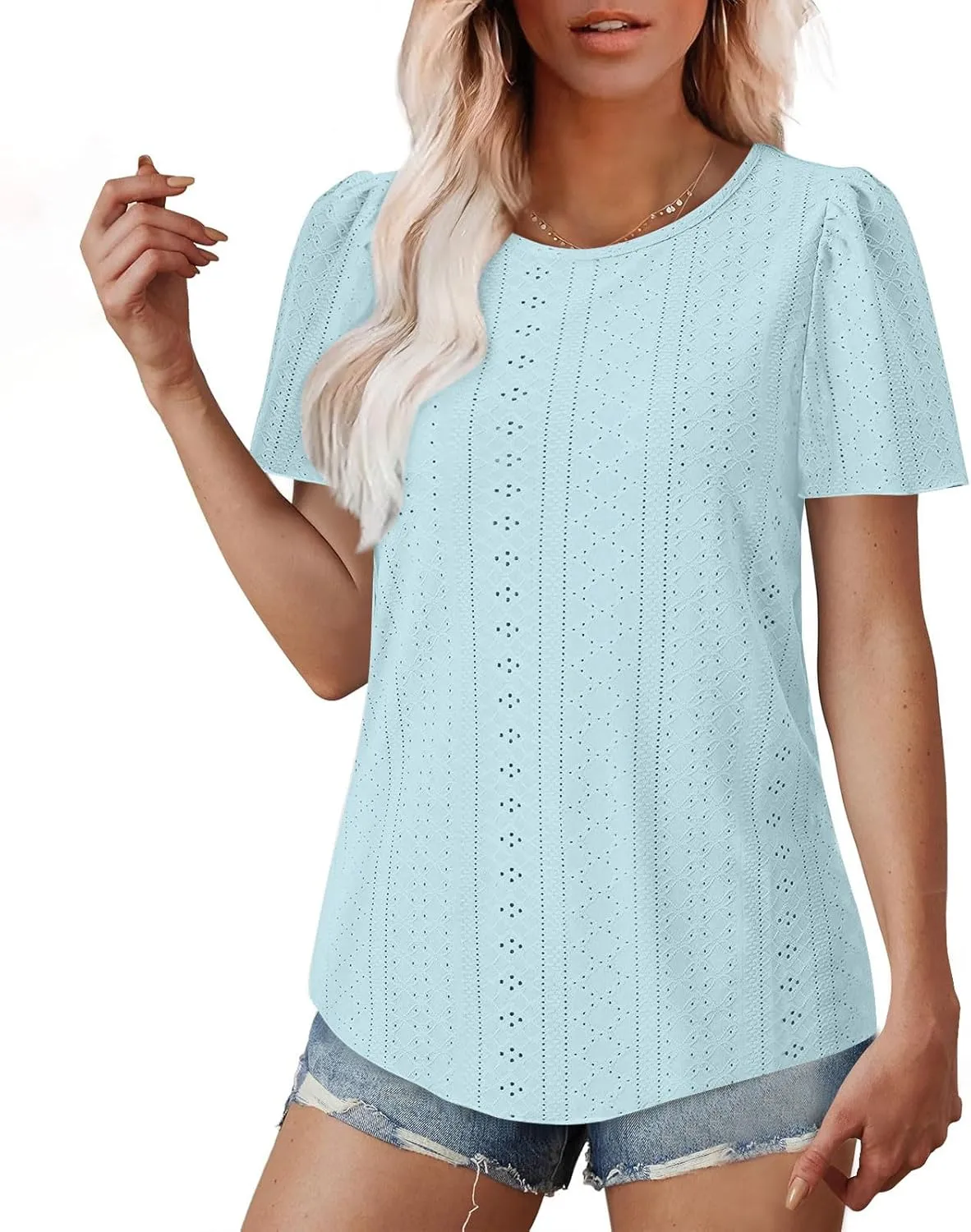 Womens Tops Eyelet Embroidery Crewneck T-Shirts Summer Casual Loose Fit Tunic Blouses Business Work Shirts