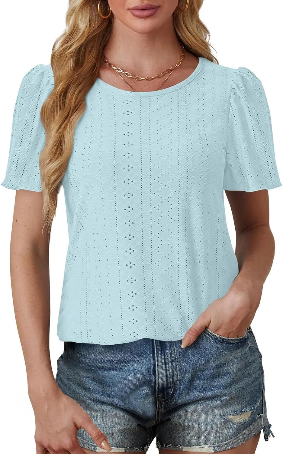 Womens Tops Eyelet Embroidery Crewneck T-Shirts Summer Casual Loose Fit Tunic Blouses Business Work Shirts