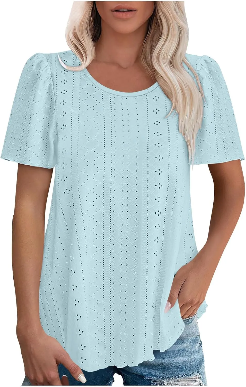 Womens Tops Eyelet Embroidery Crewneck T-Shirts Summer Casual Loose Fit Tunic Blouses Business Work Shirts