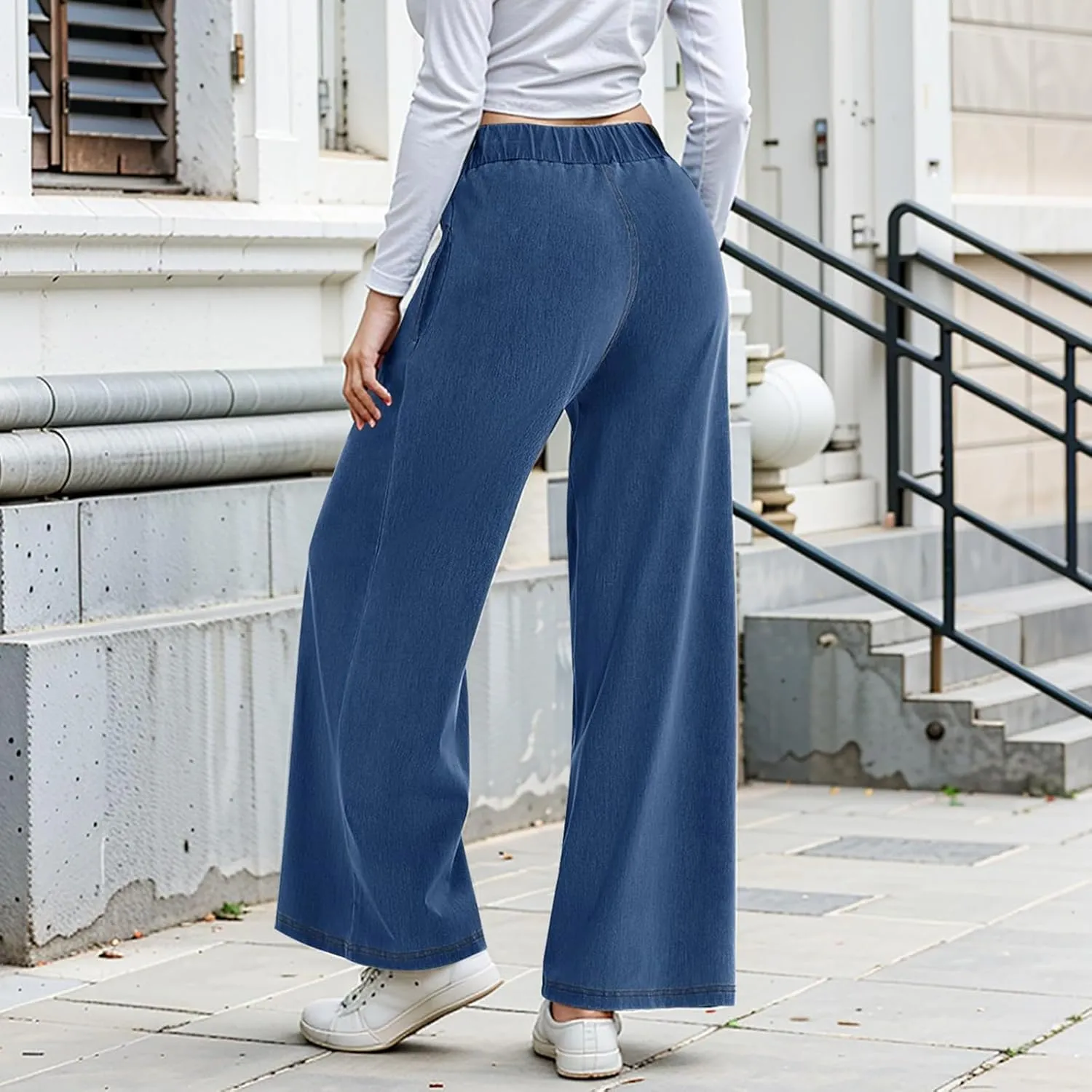 Womens Wide Leg Jeans Elastic Waist Mid Rise Baggy Loose Stretchy Trendy Casual Denim Pants with Pockets