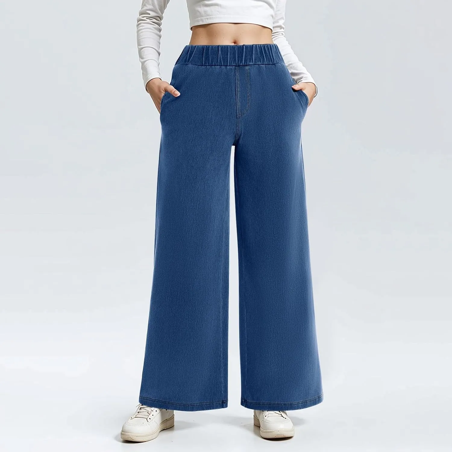 Womens Wide Leg Jeans Elastic Waist Mid Rise Baggy Loose Stretchy Trendy Casual Denim Pants with Pockets