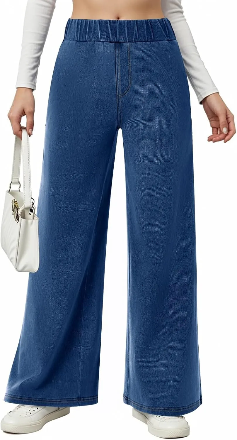 Womens Wide Leg Jeans Elastic Waist Mid Rise Baggy Loose Stretchy Trendy Casual Denim Pants with Pockets