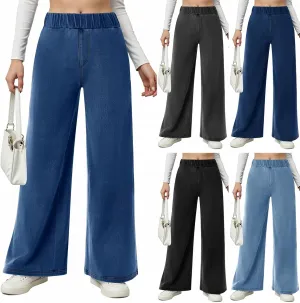 Womens Wide Leg Jeans Elastic Waist Mid Rise Baggy Loose Stretchy Trendy Casual Denim Pants with Pockets