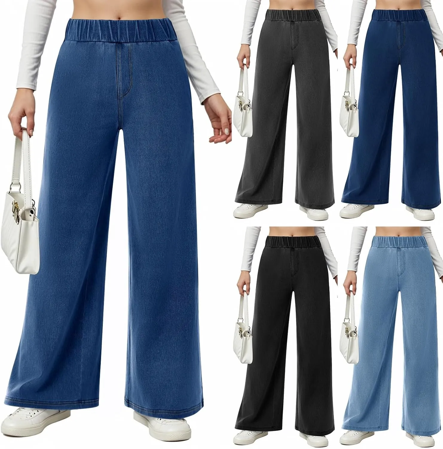 Womens Wide Leg Jeans Elastic Waist Mid Rise Baggy Loose Stretchy Trendy Casual Denim Pants with Pockets