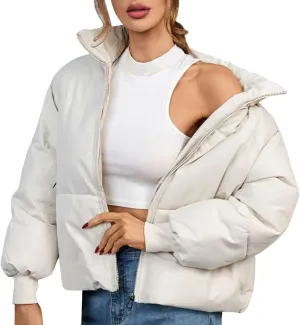 Women's Winter Quilted Jackets Full Zip Long Sleeve Puffer Jackets Short Quilted Warm Puffer Down Coats with Pockets