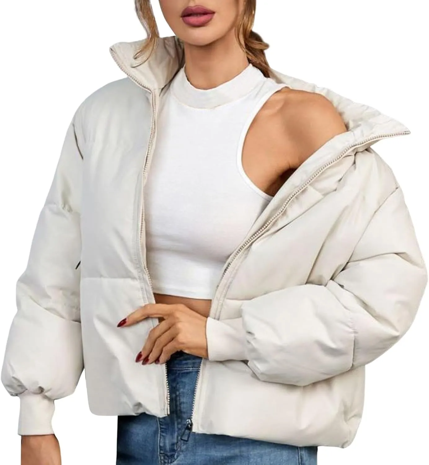 Women's Winter Quilted Jackets Full Zip Long Sleeve Puffer Jackets Short Quilted Warm Puffer Down Coats with Pockets