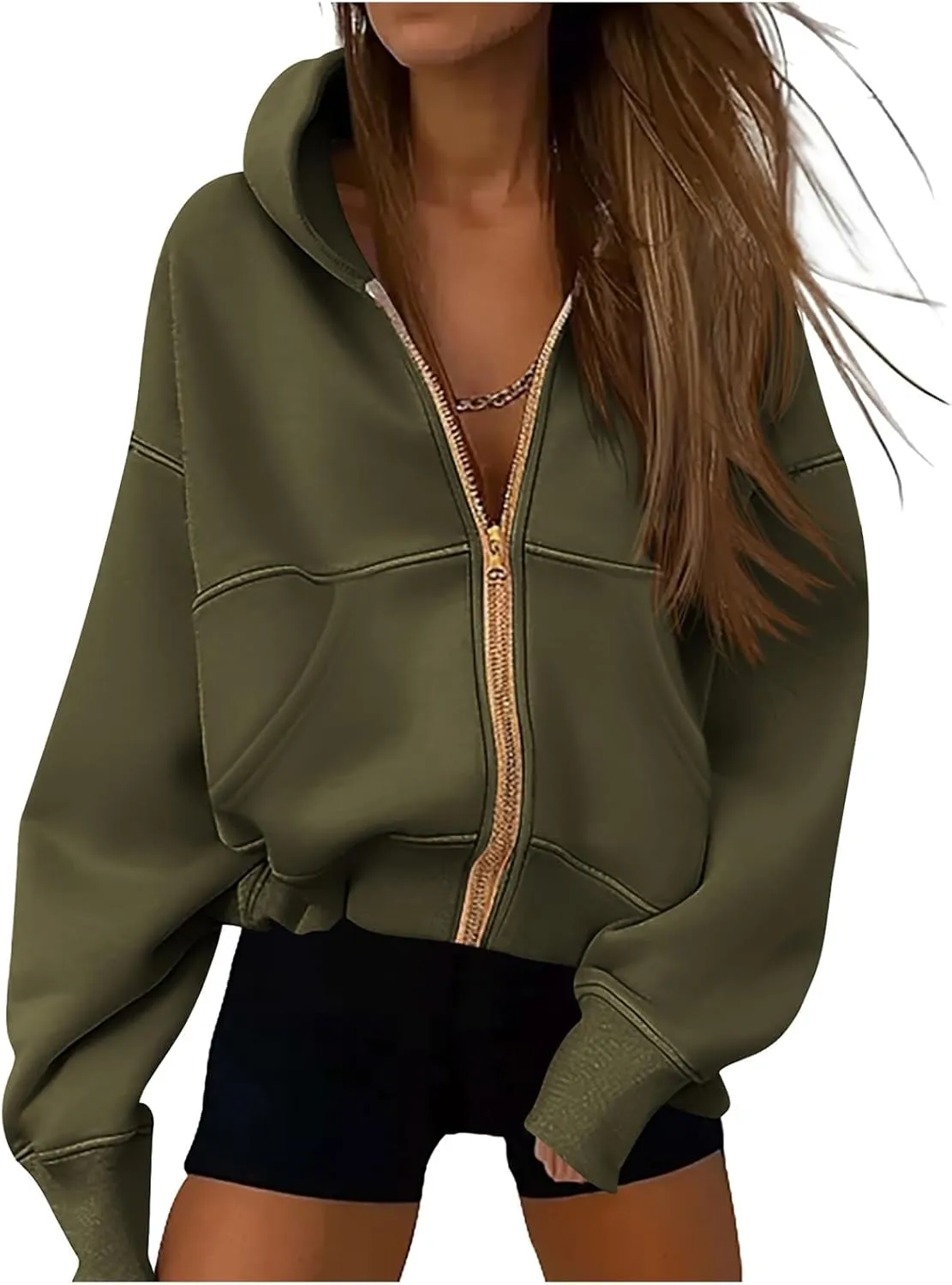 Womens Zip Up Hoodies Jacket Cropped Long Sleeve Hooded Sweatshirt Casual Comfy Coat Winter Clothes 2024