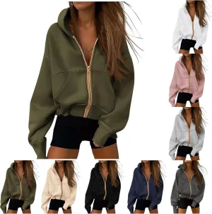 Womens Zip Up Hoodies Jacket Cropped Long Sleeve Hooded Sweatshirt Casual Comfy Coat Winter Clothes 2024