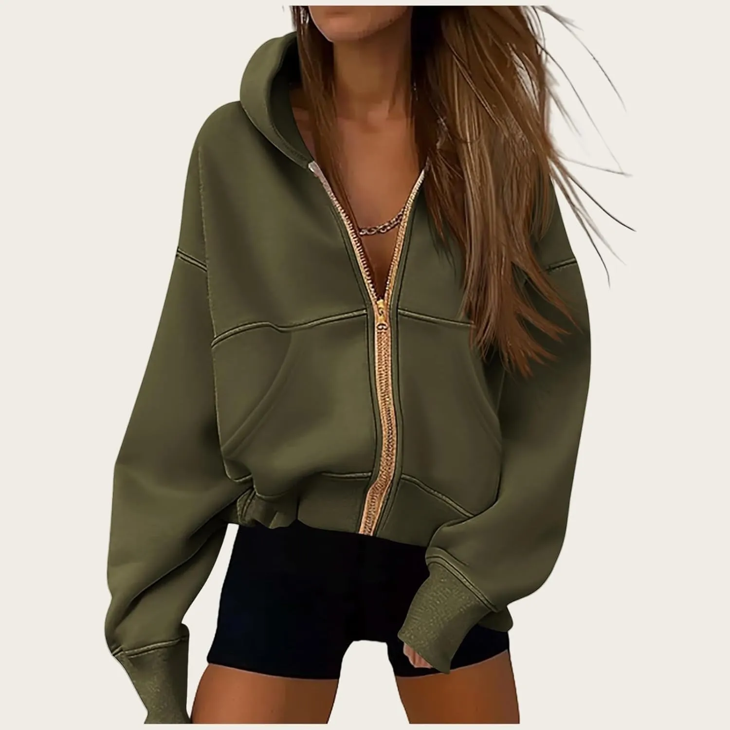 Womens Zip Up Hoodies Jacket Cropped Long Sleeve Hooded Sweatshirt Casual Comfy Coat Winter Clothes 2024
