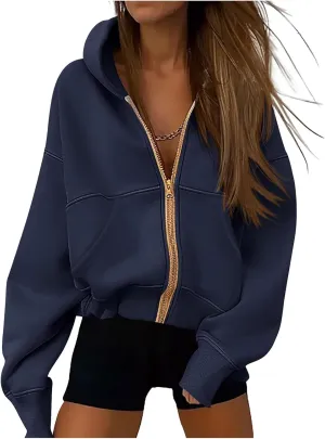 Womens Zip Up Hoodies Jacket Cropped Long Sleeve Hooded Sweatshirt Casual Comfy Coat Winter Clothes 2024