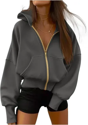 Womens Zip Up Hoodies Jacket Cropped Long Sleeve Hooded Sweatshirt Casual Comfy Coat Winter Clothes 2024