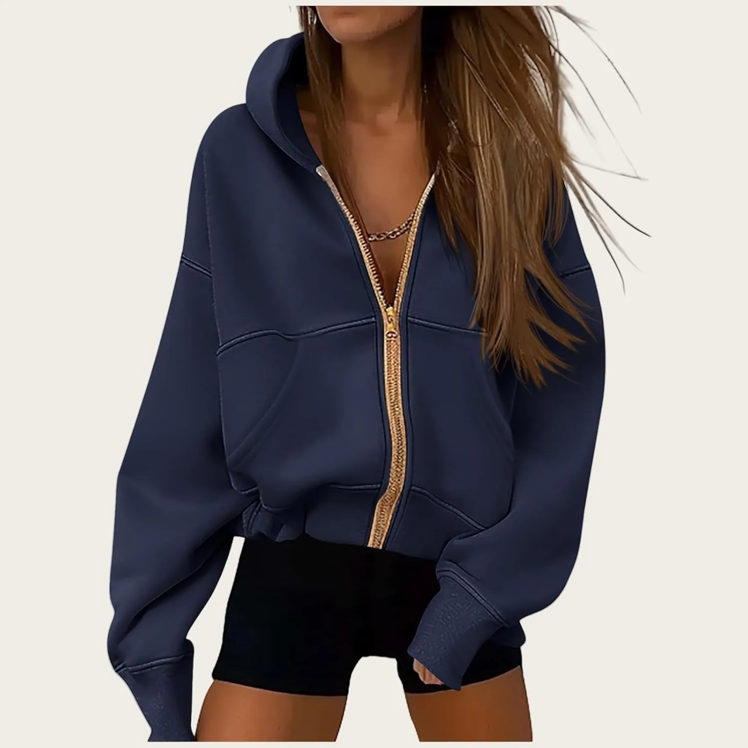 Womens Zip Up Hoodies Jacket Cropped Long Sleeve Hooded Sweatshirt Casual Comfy Coat Winter Clothes 2024