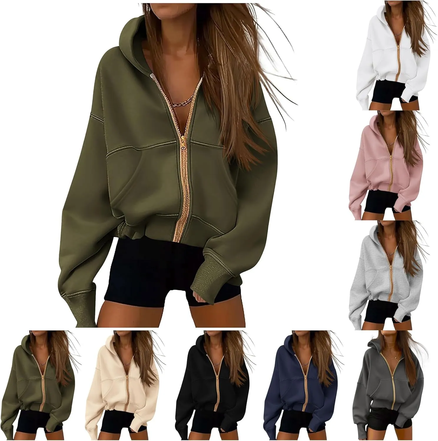 Womens Zip Up Hoodies Jacket Cropped Long Sleeve Hooded Sweatshirt Casual Comfy Coat Winter Clothes 2024