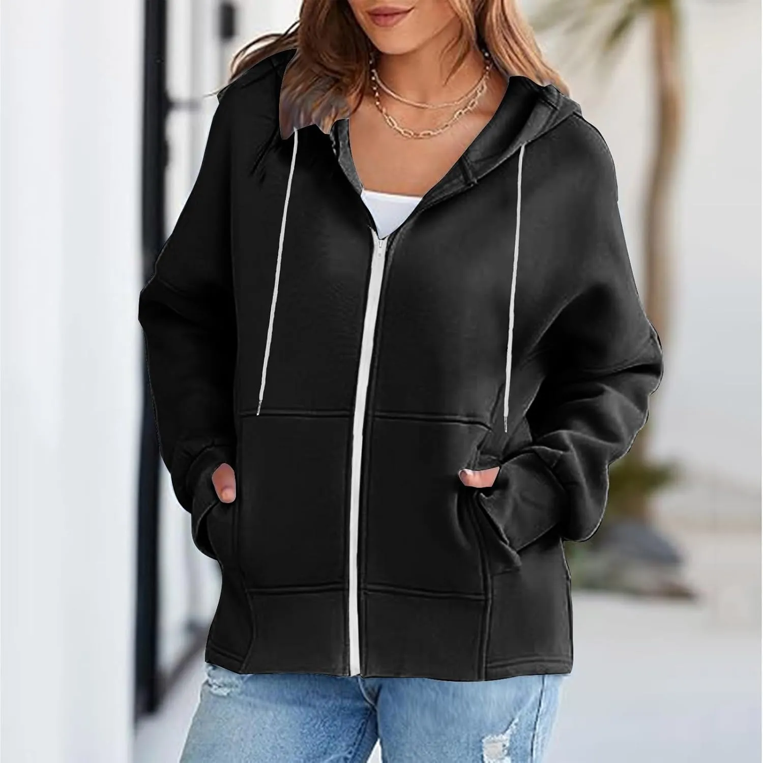 Womens Zip Up Hoodies Sweatshirts Fall Fashion Outfits 2024 Casual Long Sleeve Drawstring Loose Jackets with Pockets