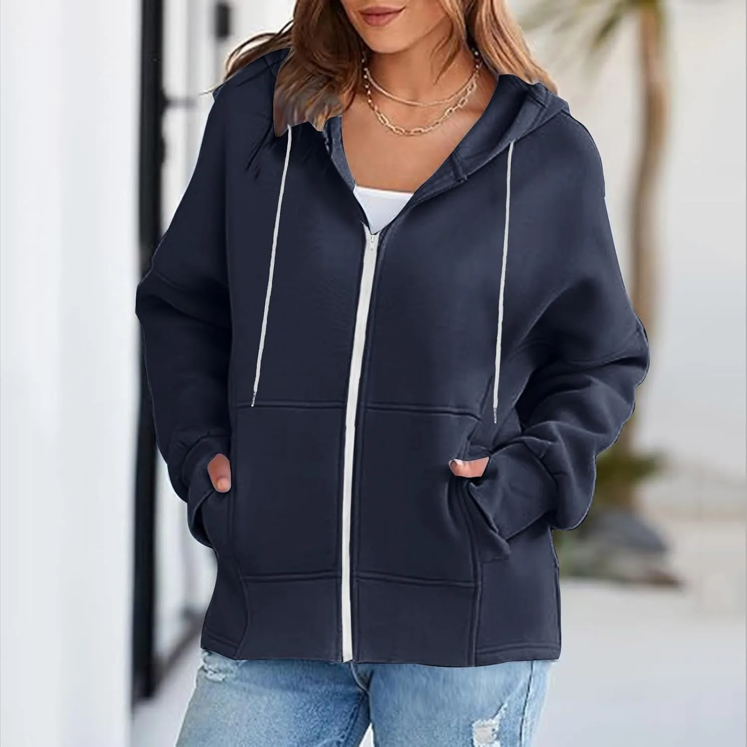Womens Zip Up Hoodies Sweatshirts Fall Fashion Outfits 2024 Casual Long Sleeve Drawstring Loose Jackets with Pockets