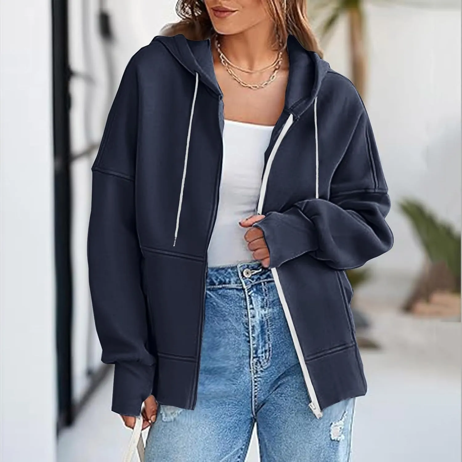 Womens Zip Up Hoodies Sweatshirts Fall Fashion Outfits 2024 Casual Long Sleeve Drawstring Loose Jackets with Pockets