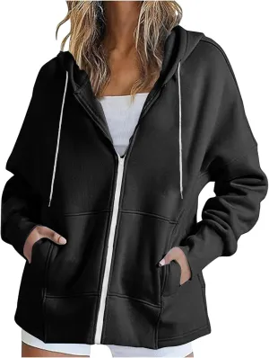 Womens Zip Up Hoodies Sweatshirts Fall Fashion Outfits 2024 Casual Long Sleeve Drawstring Loose Jackets with Pockets