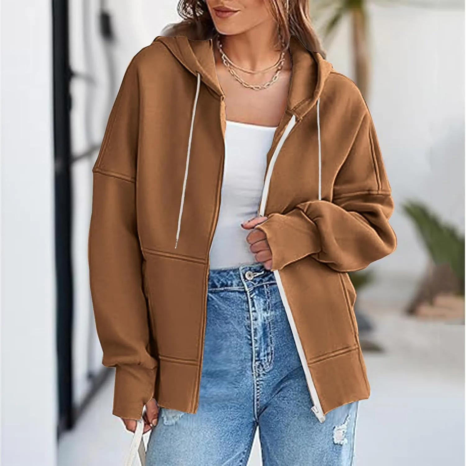 Womens Zip Up Hoodies Sweatshirts Fall Fashion Outfits 2024 Casual Long Sleeve Drawstring Loose Jackets with Pockets