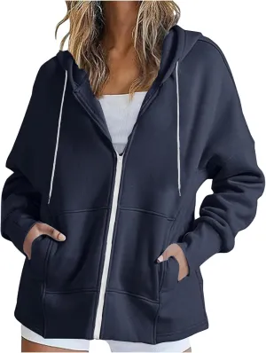 Womens Zip Up Hoodies Sweatshirts Fall Fashion Outfits 2024 Casual Long Sleeve Drawstring Loose Jackets with Pockets