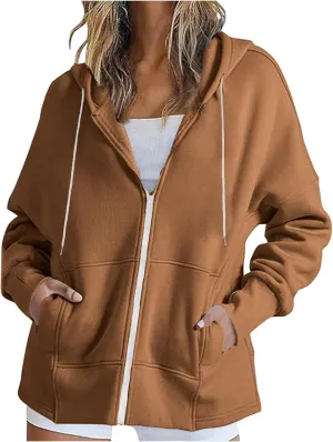 Womens Zip Up Hoodies Sweatshirts Fall Fashion Outfits 2024 Casual Long Sleeve Drawstring Loose Jackets with Pockets