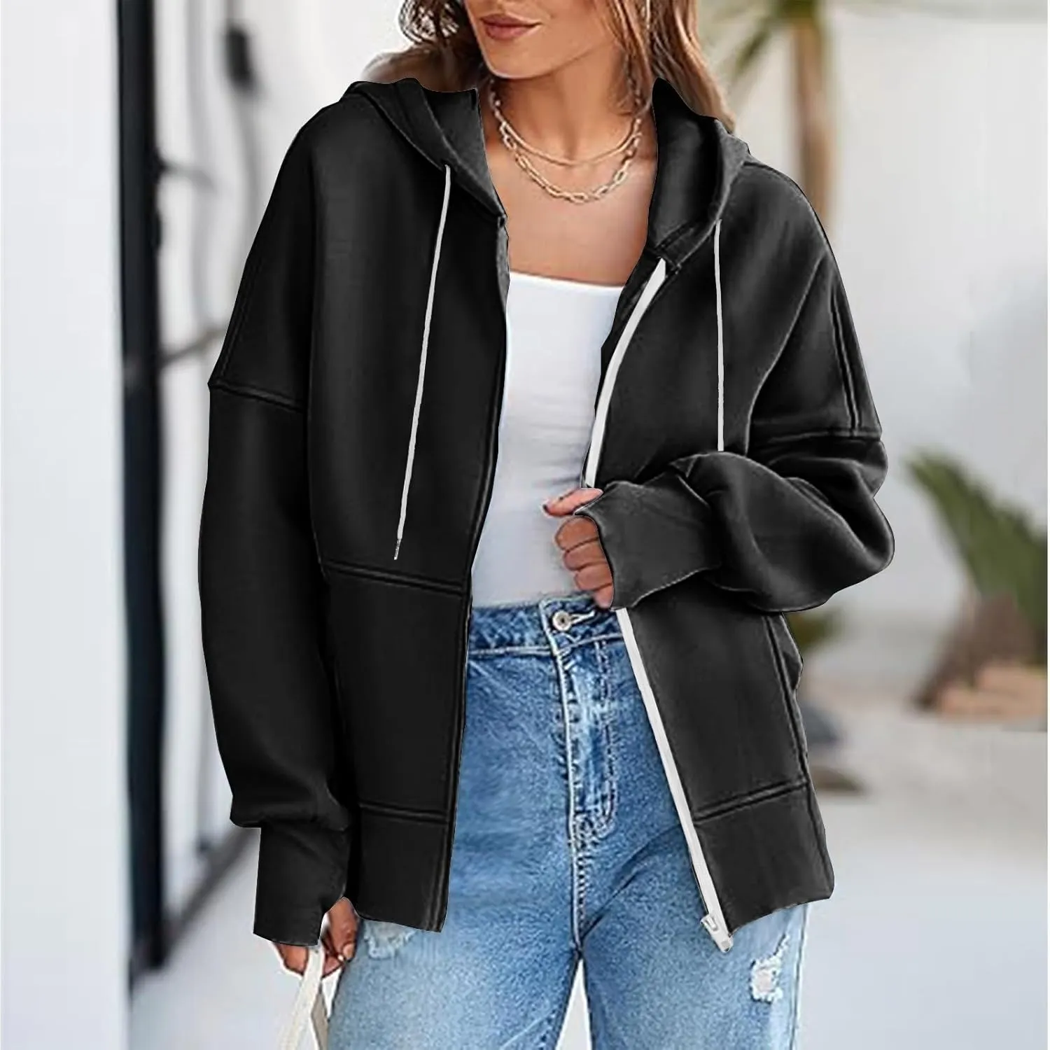 Womens Zip Up Hoodies Sweatshirts Fall Fashion Outfits 2024 Casual Long Sleeve Drawstring Loose Jackets with Pockets