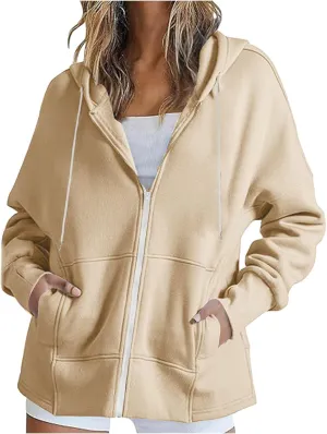 Womens Zip Up Hoodies Sweatshirts Fall Fashion Outfits 2024 Casual Long Sleeve Drawstring Loose Jackets with Pockets