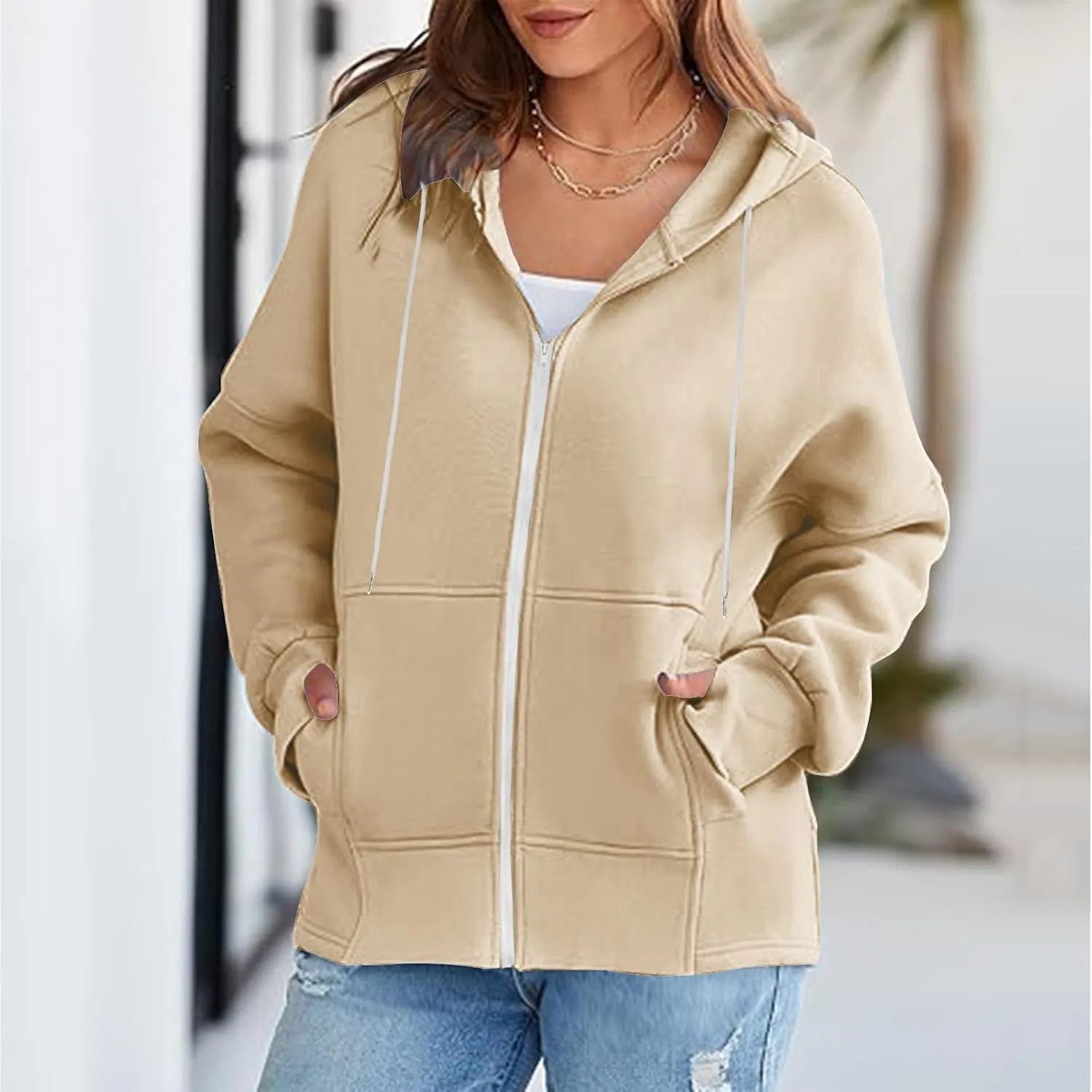 Womens Zip Up Hoodies Sweatshirts Fall Fashion Outfits 2024 Casual Long Sleeve Drawstring Loose Jackets with Pockets