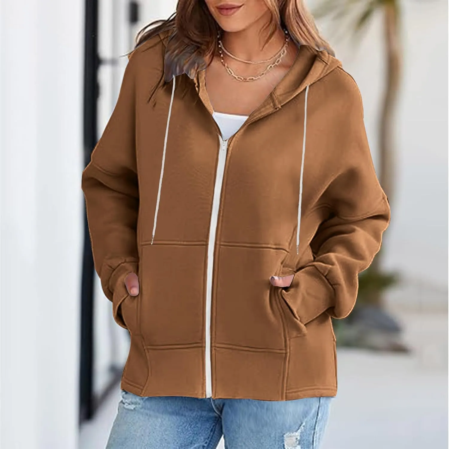 Womens Zip Up Hoodies Sweatshirts Fall Fashion Outfits 2024 Casual Long Sleeve Drawstring Loose Jackets with Pockets
