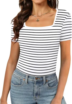 XIEERDUO Womens Square Neck Short/Long SleeveTops 2024 Spring Summer Slim Fit Tees Shirts