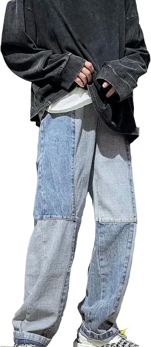 Y2k Pants Men Baggy Jeans Stylish Patchwork Straight Legs Denim Pants Hip Hop Streetwear Casual High Street Trousers