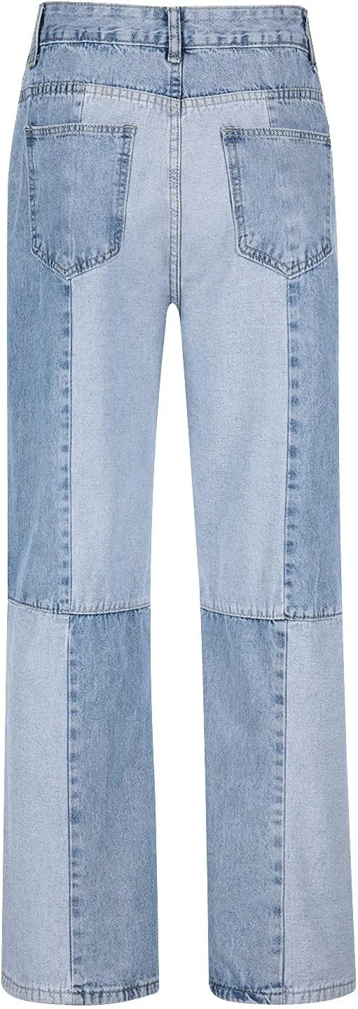 Y2k Pants Men Baggy Jeans Stylish Patchwork Straight Legs Denim Pants Hip Hop Streetwear Casual High Street Trousers