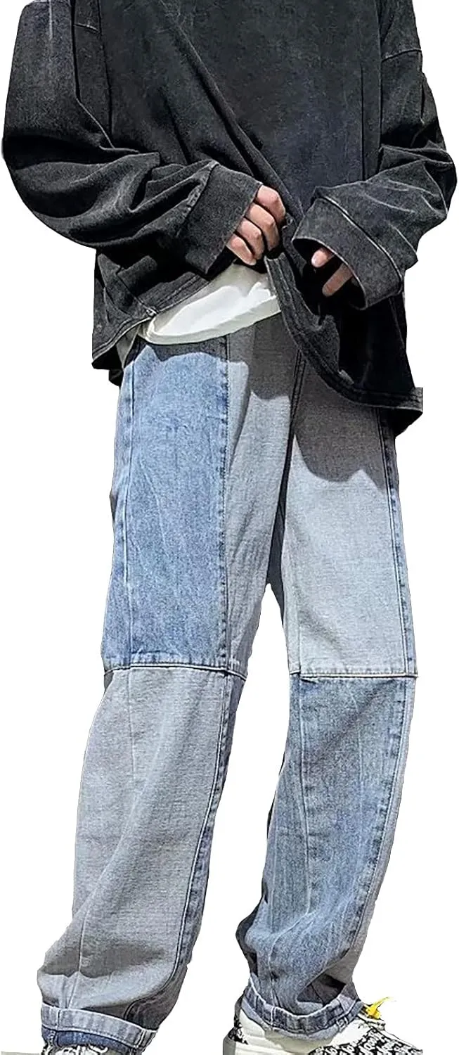 Y2k Pants Men Baggy Jeans Stylish Patchwork Straight Legs Denim Pants Hip Hop Streetwear Casual High Street Trousers