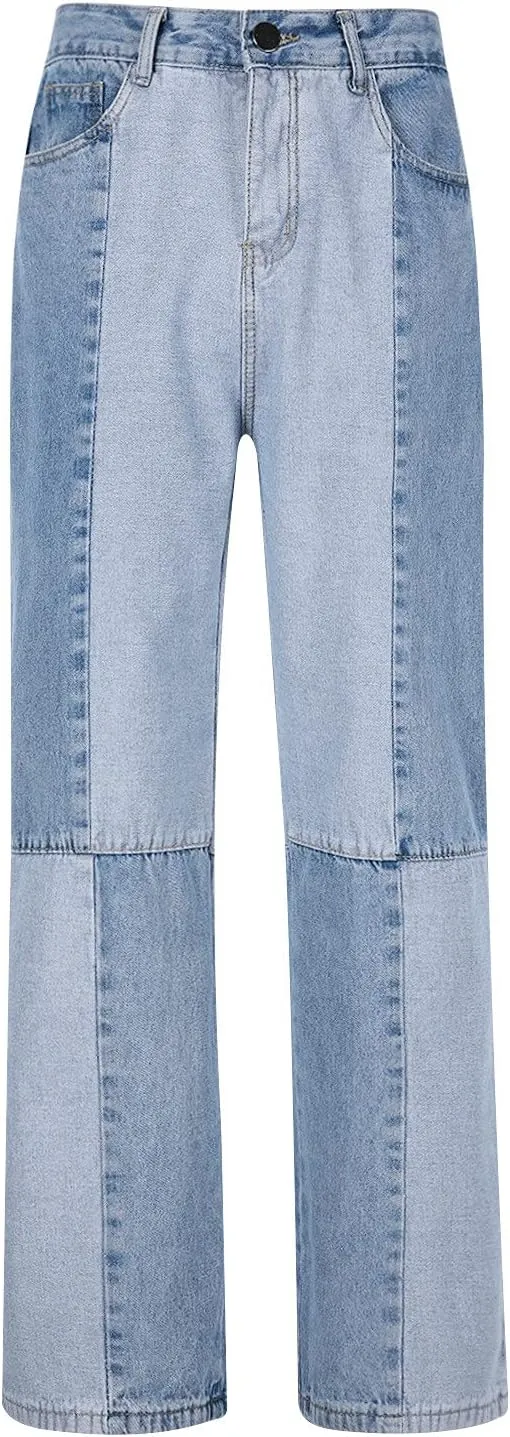 Y2k Pants Men Baggy Jeans Stylish Patchwork Straight Legs Denim Pants Hip Hop Streetwear Casual High Street Trousers