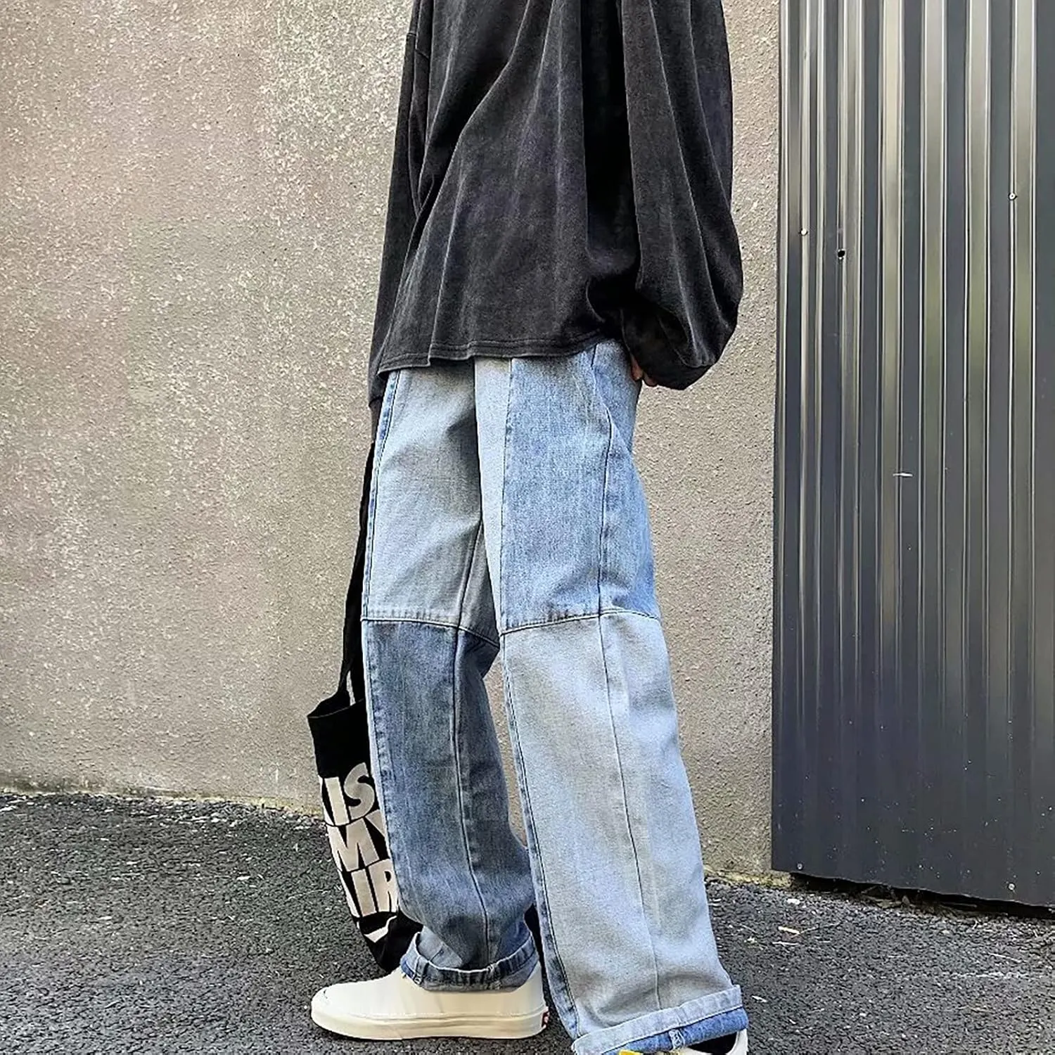 Y2k Pants Men Baggy Jeans Stylish Patchwork Straight Legs Denim Pants Hip Hop Streetwear Casual High Street Trousers