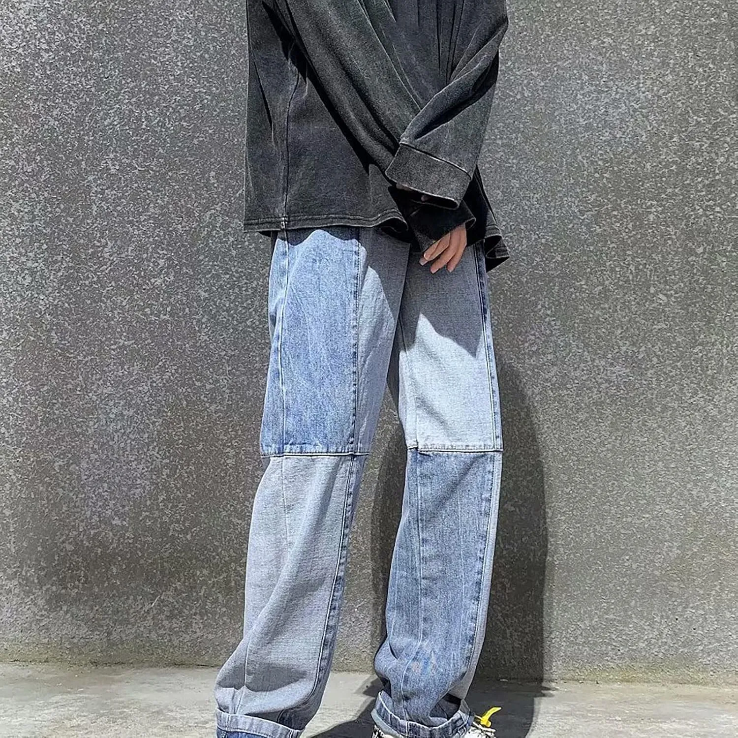 Y2k Pants Men Baggy Jeans Stylish Patchwork Straight Legs Denim Pants Hip Hop Streetwear Casual High Street Trousers