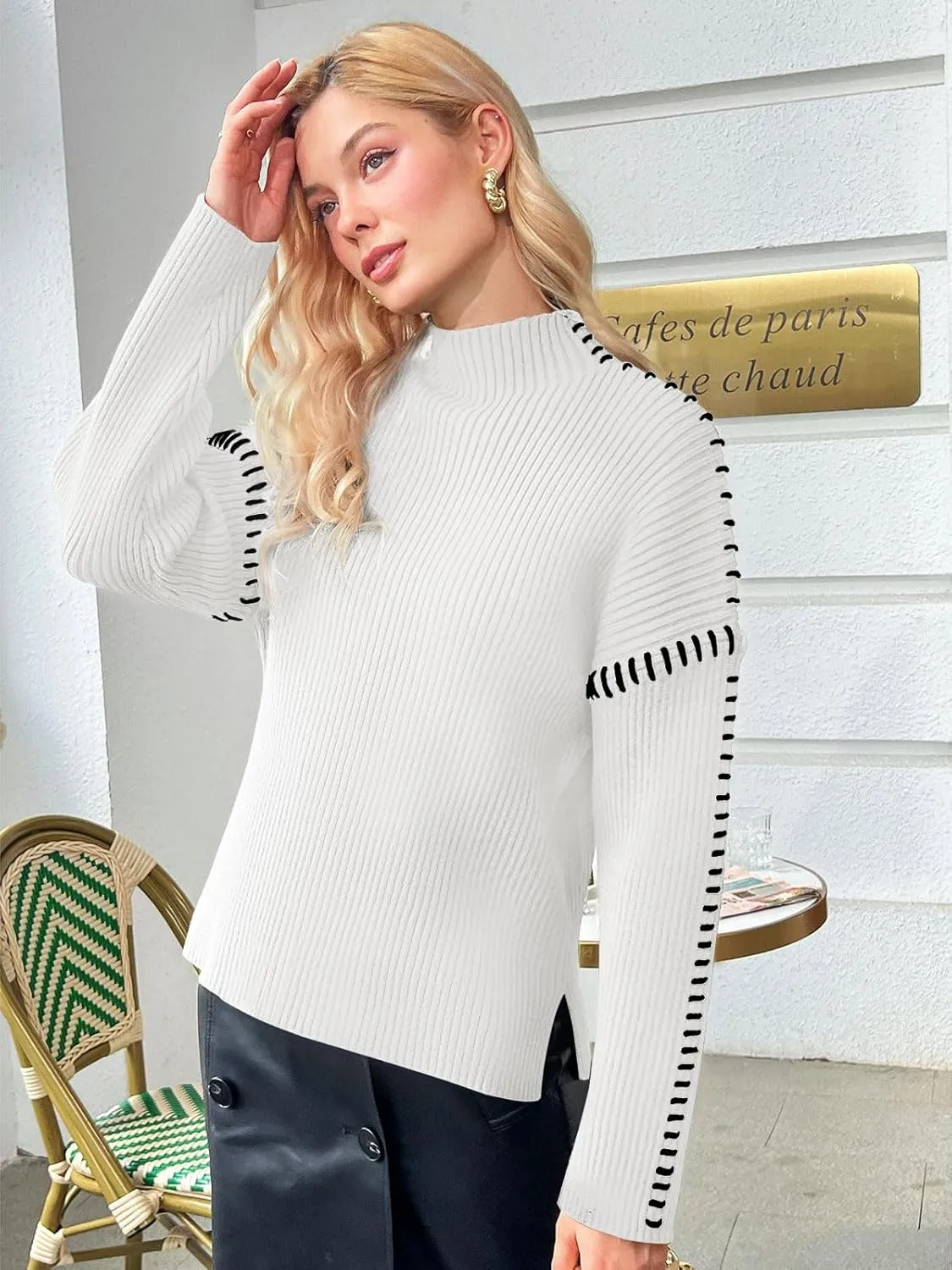 Yousify Womens Mock Neck Sweaters Long Sleeve Side Slit Knitted Sweater Chunky Pullover Jumper Tops