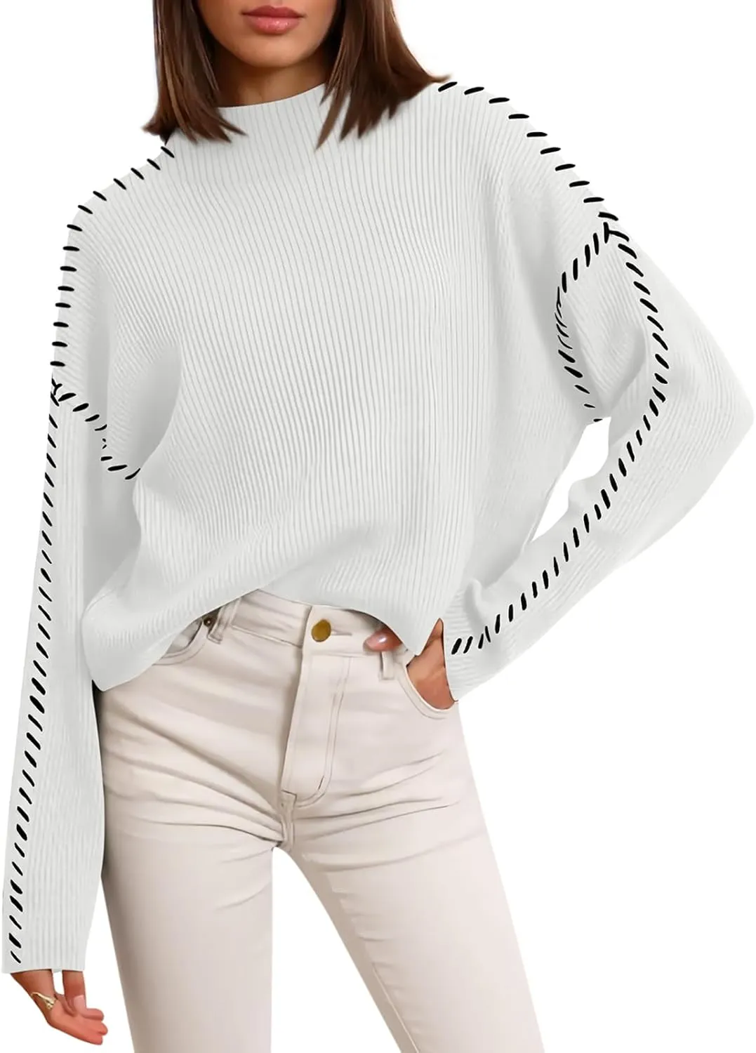 Yousify Womens Mock Neck Sweaters Long Sleeve Side Slit Knitted Sweater Chunky Pullover Jumper Tops