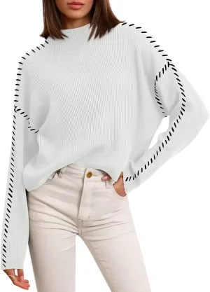 Yousify Womens Mock Neck Sweaters Long Sleeve Side Slit Knitted Sweater Chunky Pullover Jumper Tops