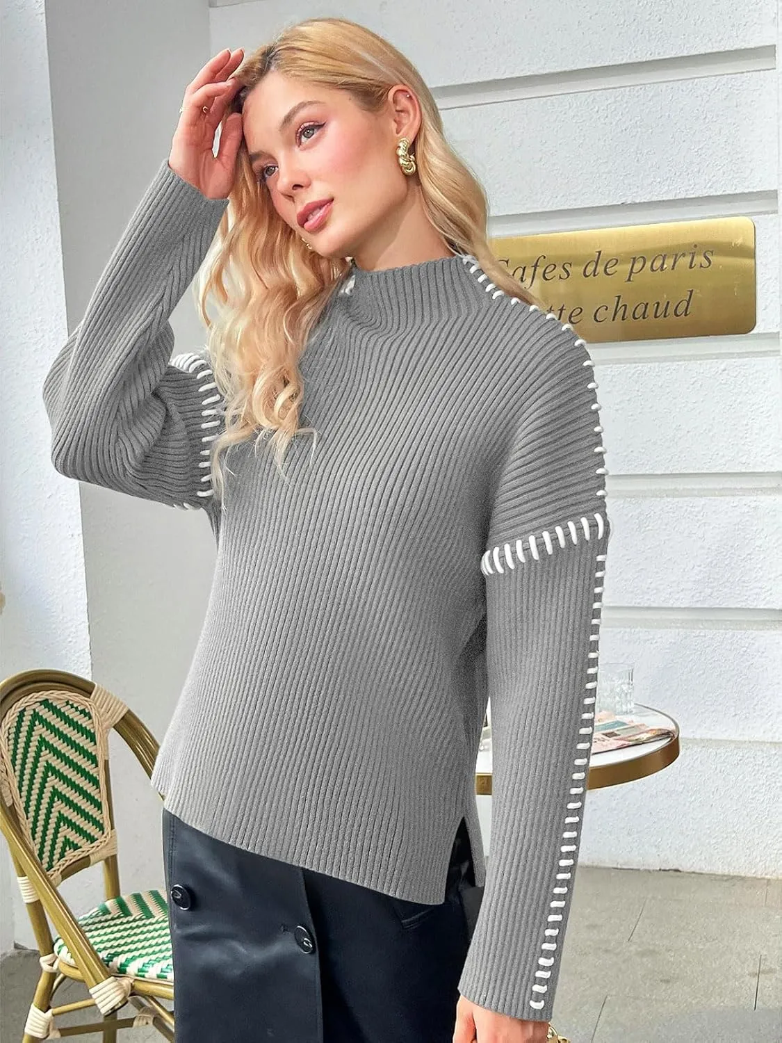 Yousify Womens Mock Neck Sweaters Long Sleeve Side Slit Knitted Sweater Chunky Pullover Jumper Tops