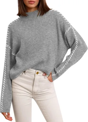 Yousify Womens Mock Neck Sweaters Long Sleeve Side Slit Knitted Sweater Chunky Pullover Jumper Tops