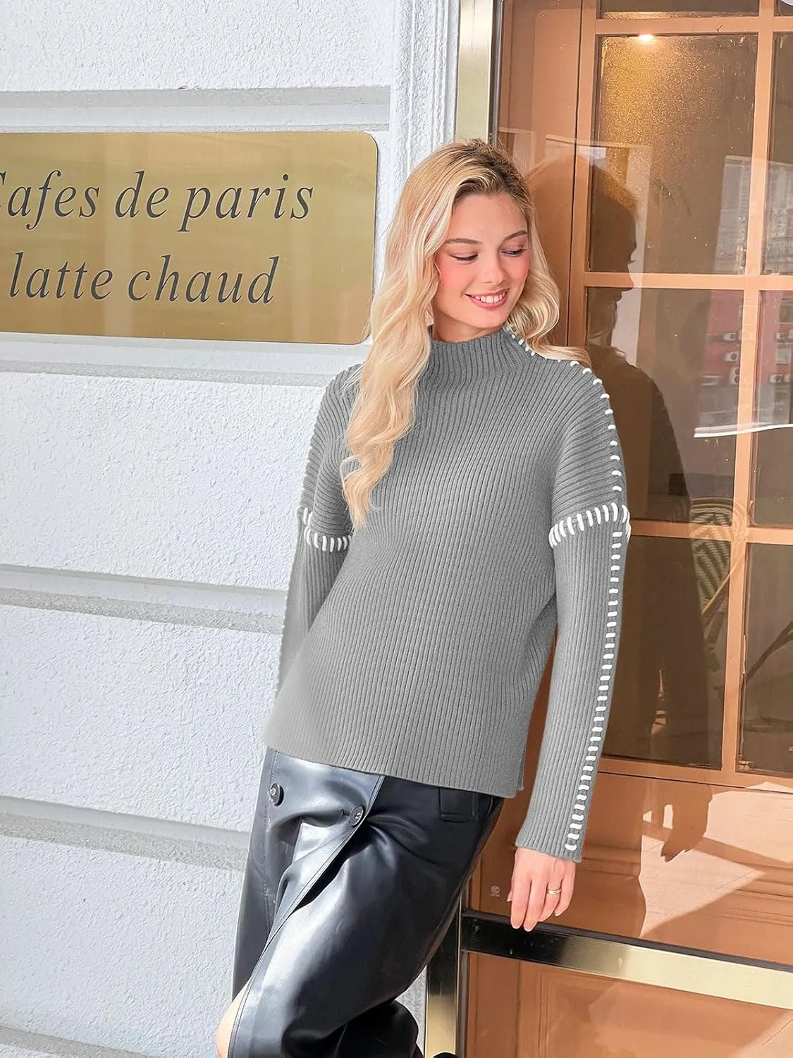 Yousify Womens Mock Neck Sweaters Long Sleeve Side Slit Knitted Sweater Chunky Pullover Jumper Tops