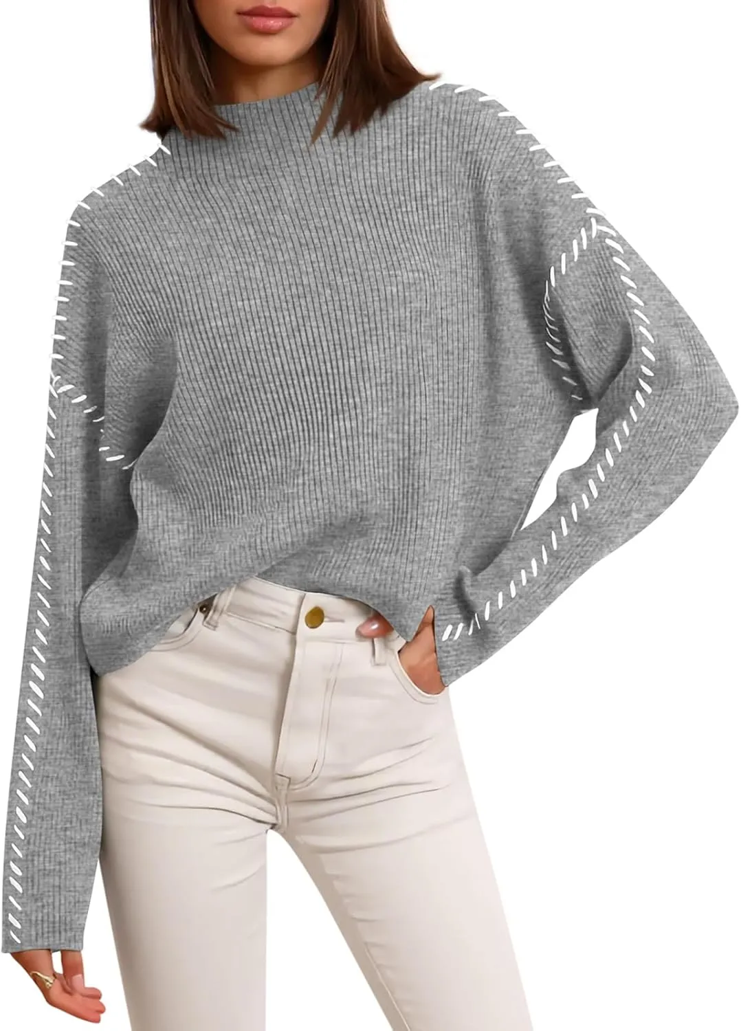 Yousify Womens Mock Neck Sweaters Long Sleeve Side Slit Knitted Sweater Chunky Pullover Jumper Tops