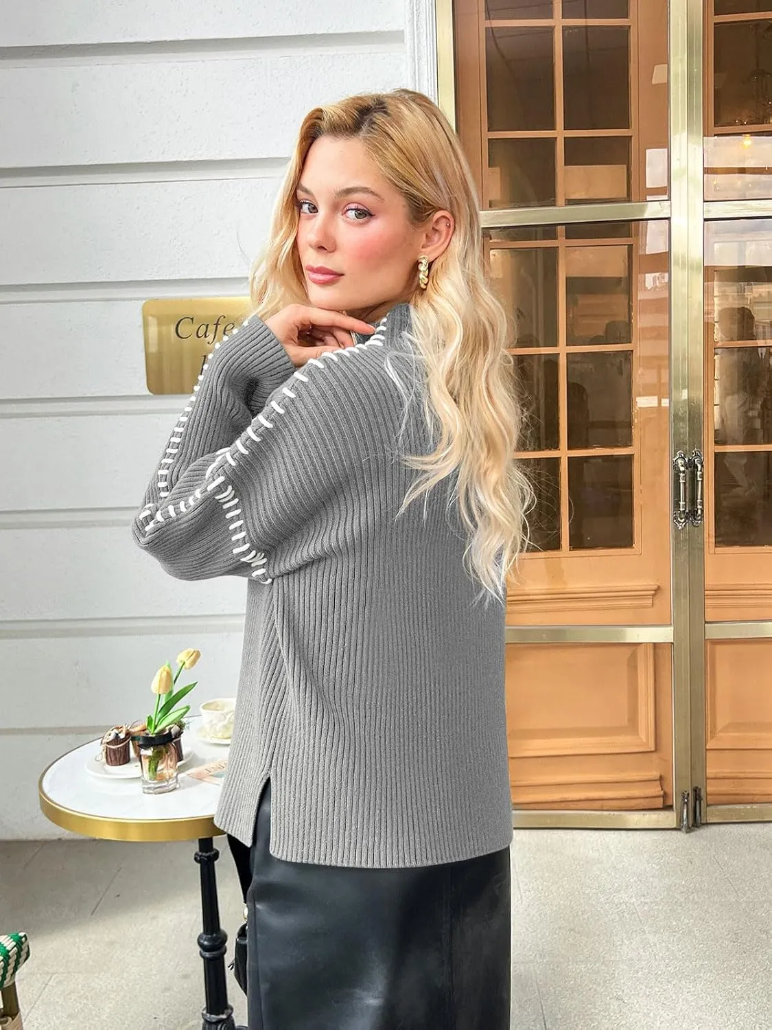 Yousify Womens Mock Neck Sweaters Long Sleeve Side Slit Knitted Sweater Chunky Pullover Jumper Tops